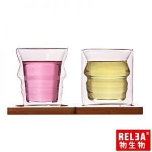 3. 物生物RELEA 側顏曲線情侶雙層耐熱玻璃杯組／口徑7.8（左）・8（右）ｘ高9cm